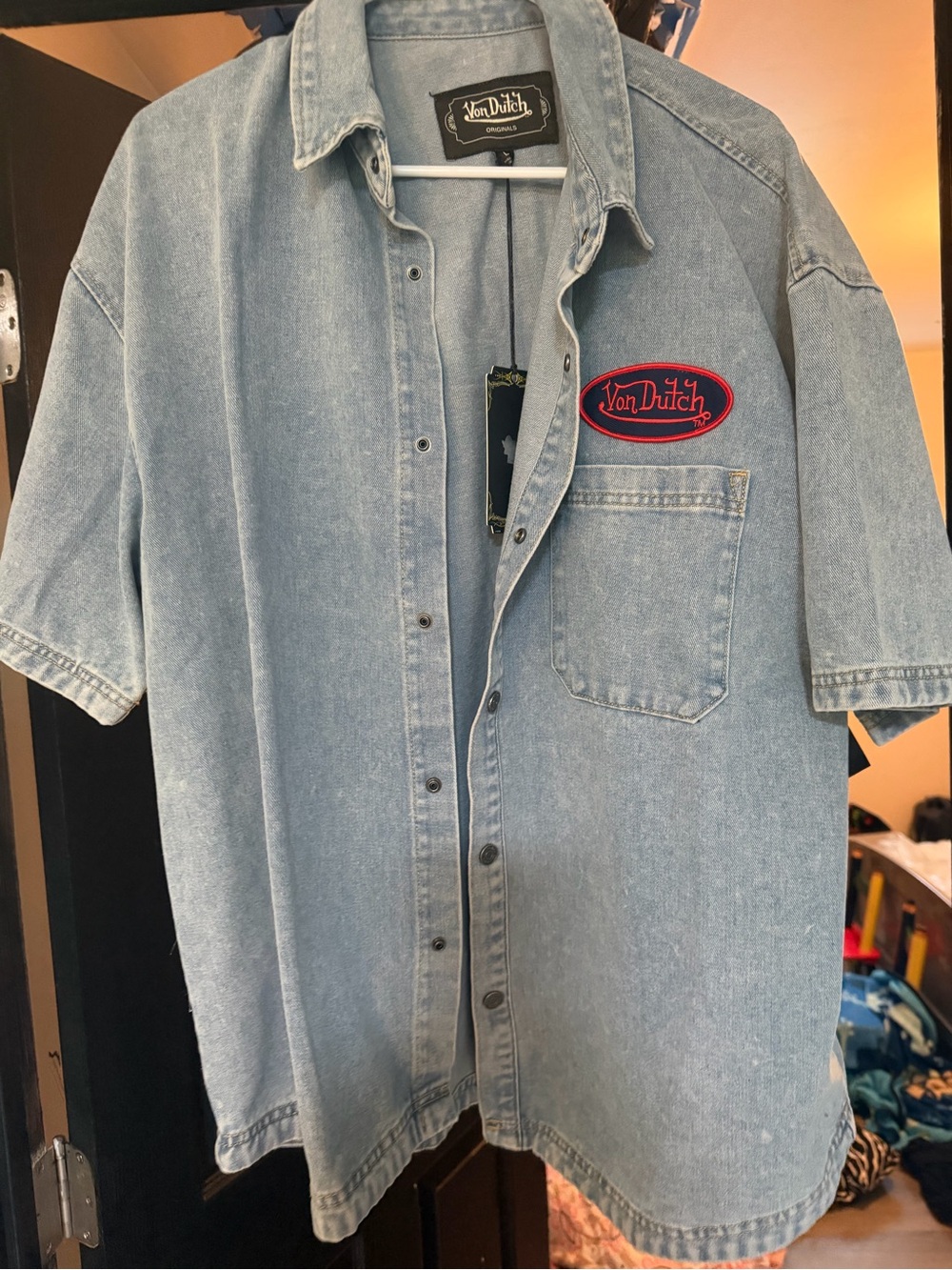 Von Dutch Light Blue Denim Short Sleeve Button-Up Shirt with Red Patch